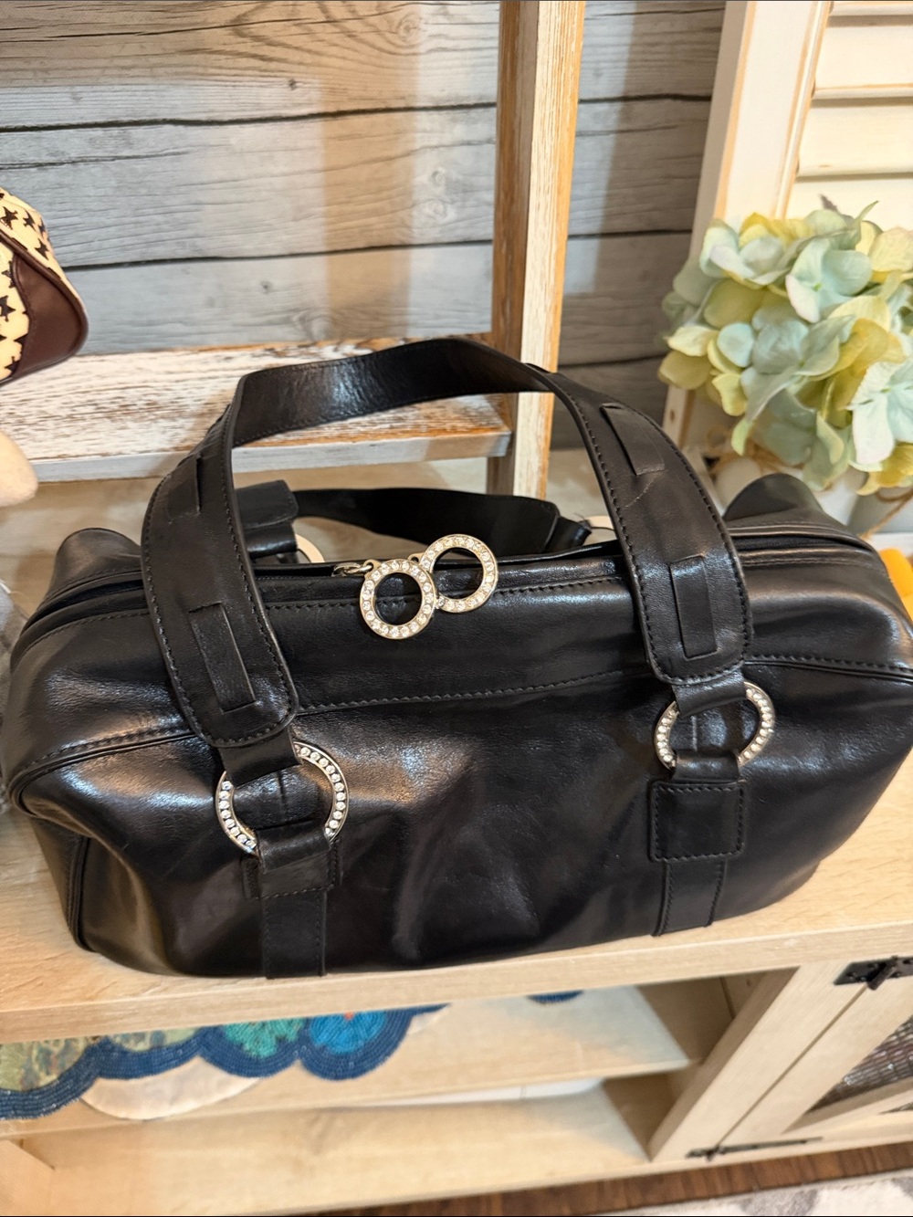 HYPE Classic Black Leather Satchel with Crystal Accents